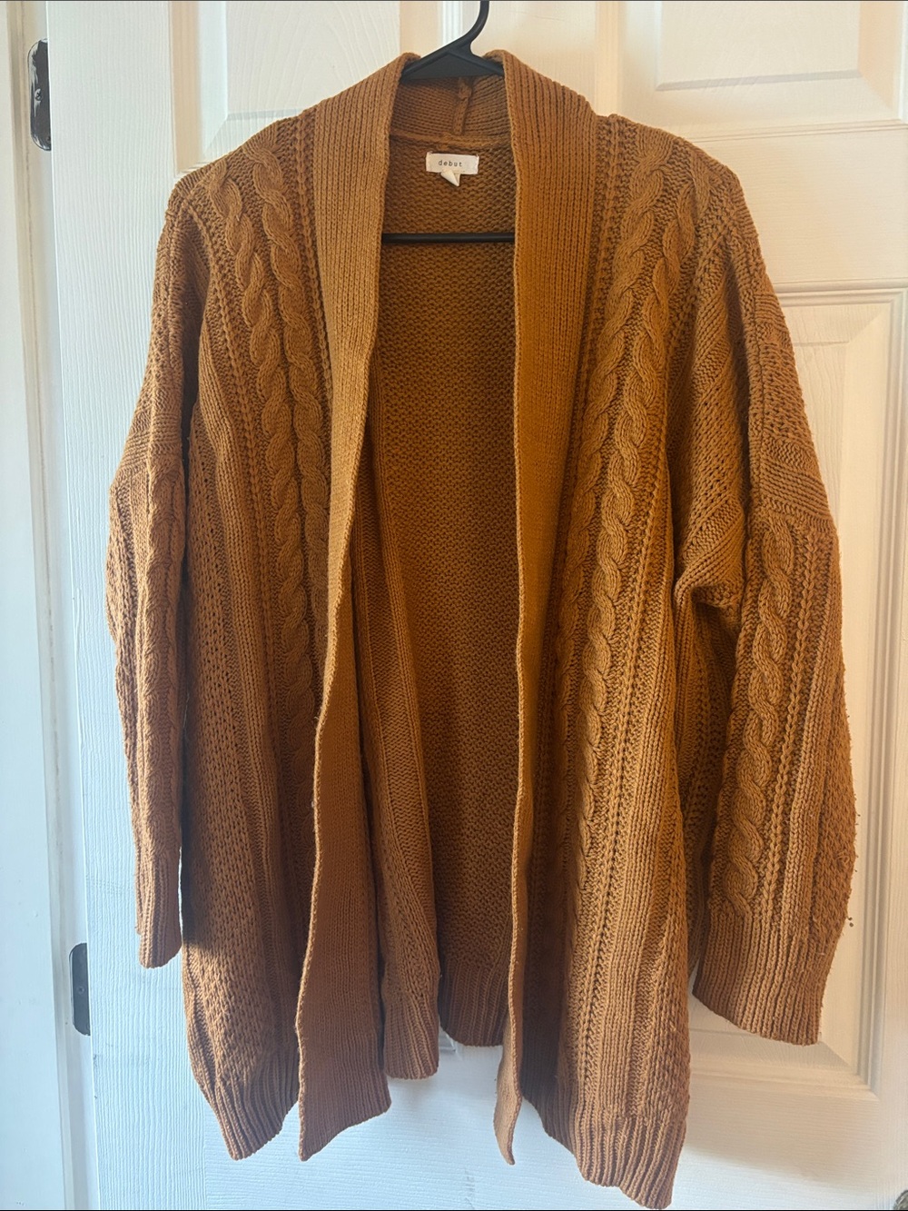 debut Chunky Cable Open-Front Cardigan in Camel